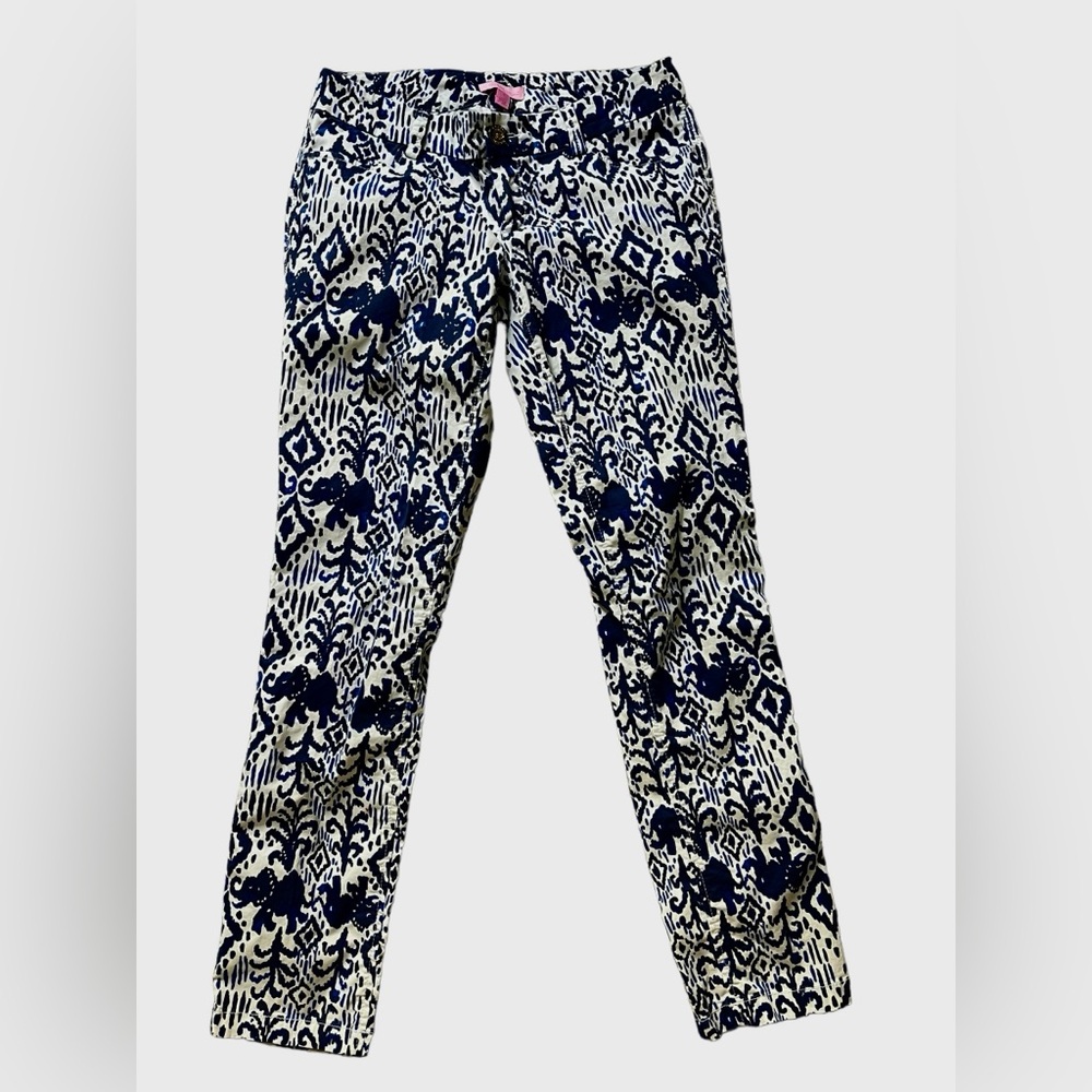 Lilly Pulitzer Callahan Chino Pants Trousers Women's 4 Stretchy Blue Exotic AOP✅